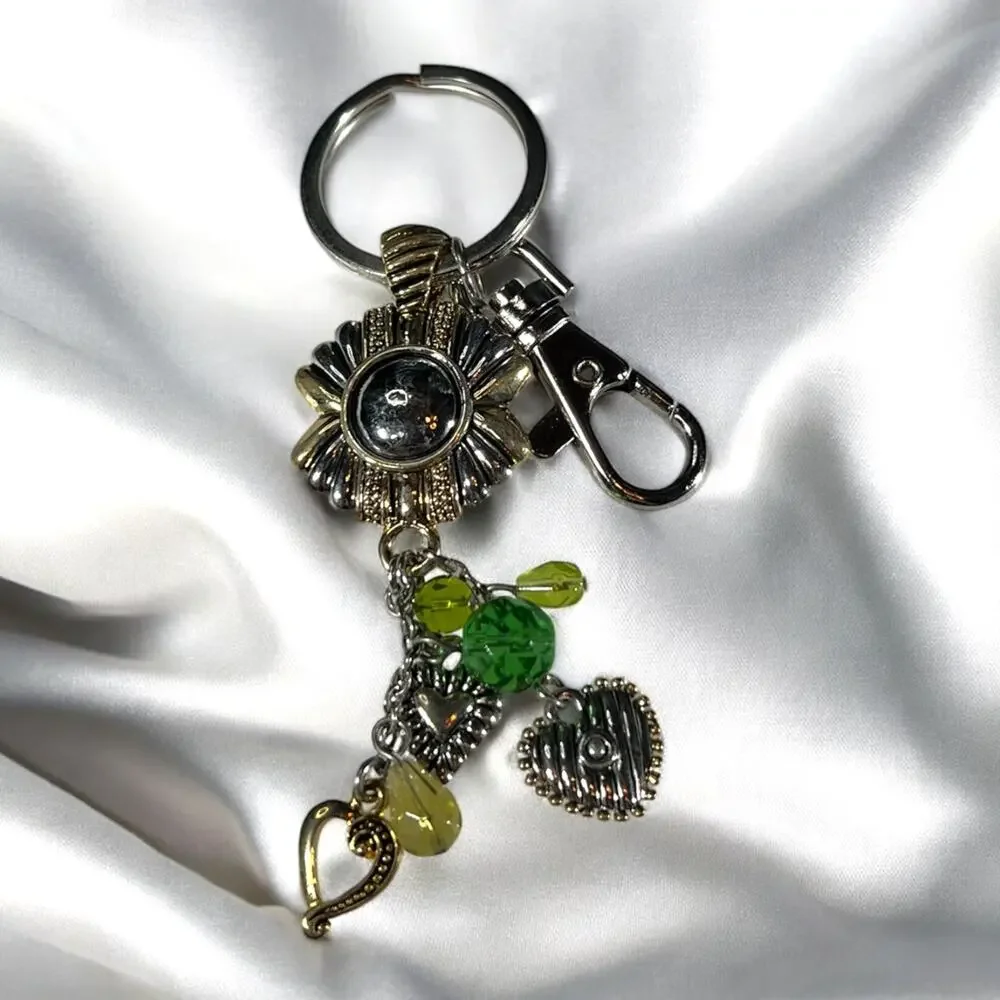 Silver Gold Tone Floral Heart Keychain Bag Clip Accessory NEW Retro Deadstock